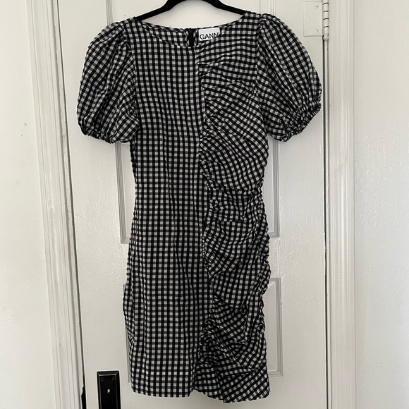 Ganni Checkered Seersucker Ruched Puff Sleeve Mini Dress EU 38 - Picture 2 of 6